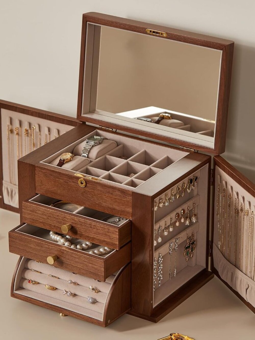 Elegant Black Walnut 4-Layer Lockable Jewelry Box with Mirror & Dual Side Doors